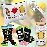 JenPen 4 Pcs Valentine's Day Softball Gifts for Women Girls Include 17oz Glass Cups with Lid Straw Softball Crew Socks Makeup Cosmetic Bag Keychain Accessories for Mom Coach Players Lover Teams