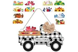 Distaratie 12 PCS Interchangeable Welcome Sign Truck Decor Seasonal Farmhouse Home Rustic Wood Truck Welcome Door Hanging with Interchangeable Holiday Icons for Christmas Ornament