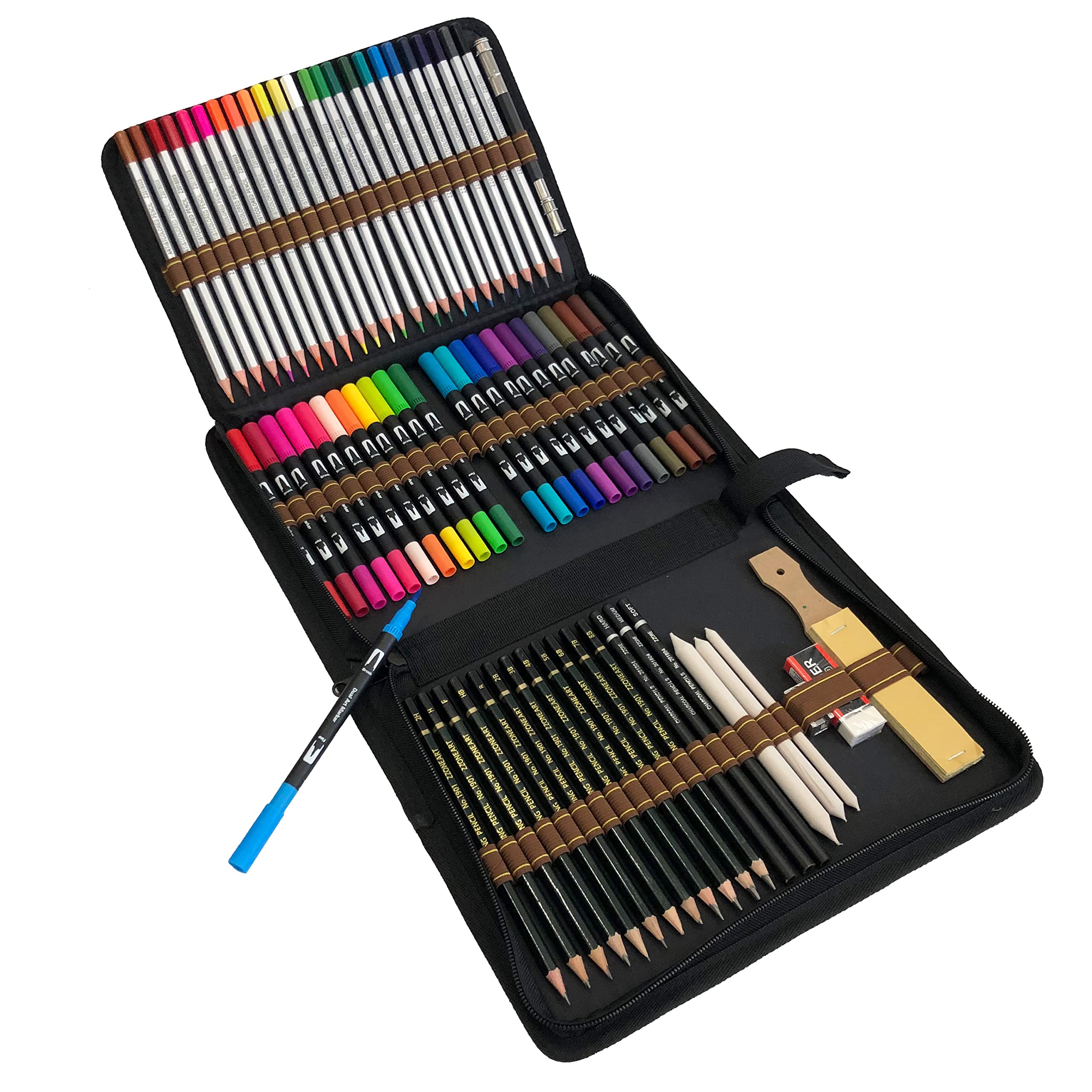 Majoart Watercolour Dual Tip Brush Pens and Colouring Drawing Pencil Set,Fineliner Pens with 24 Colouring Pencils, 12 Lead Pencils and Accessories, Perfect for for Adults and Students