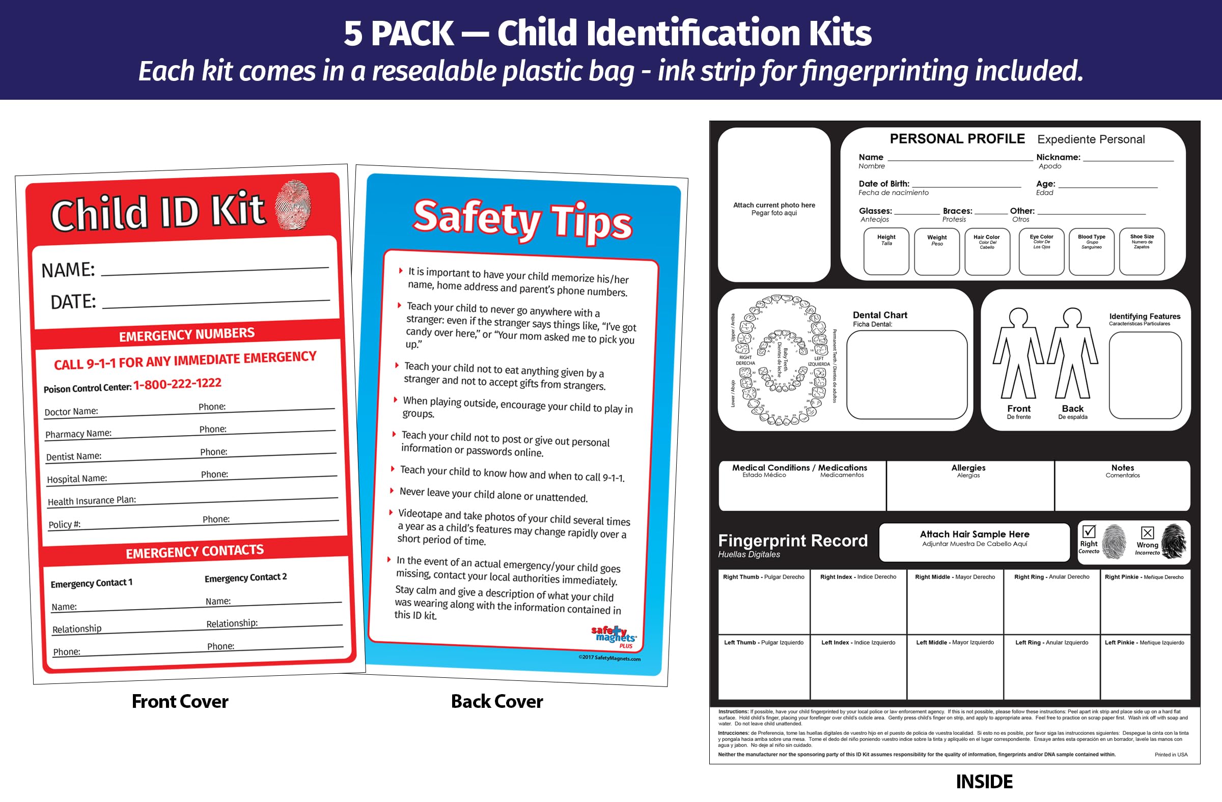 Child ID Fingerprint Kits (5 Pack) - Finger Print Kits for Kids - Child Emergency Identification Cards - English/Spanish - Includes Ink Strips for Fingerprinting