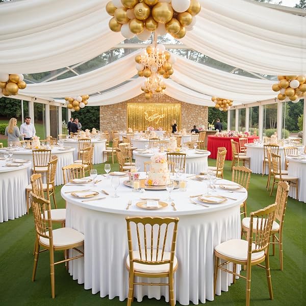 LEEGLERI 6 PACK SPANDEX WHITE ROUND TABLECLOTHS FOR 72IN TABLE, STRETCHY 132INCH FITTED 6FT ROUND TABLE CLOTHS, WRINKLE FREE TABLE COVER WITH SKIRT FOR WEDDING BIRTHDAY PARTY BRIDAL SHOWER BANQUET