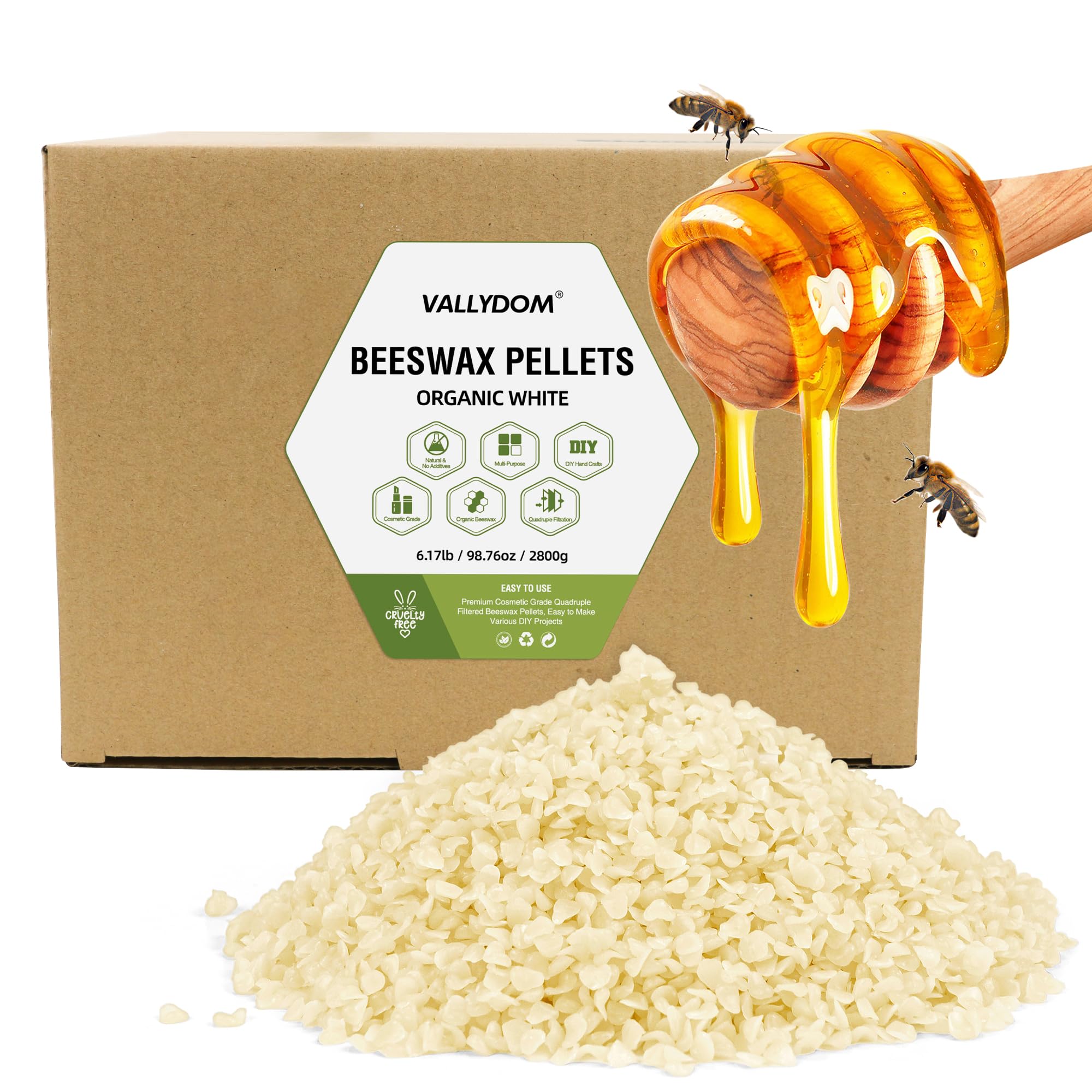 VALLYDOM Beeswax 2.8KG White Beeswax Pellets, Candle Wax, Organic Beeswax, Wax for Candles Making, Beeswax Candles,Beeswax for Skin, Soap Making Supplies, Candle Making, Candle Wax for Making Candles