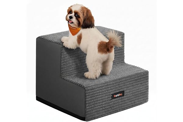 Feandrea Dog Stairs, 2 Steps High-Density Foam Pet Steps, Non-Slip Corduroy with Washable Cover, 11.8 x 15 x 11 inches, Dark