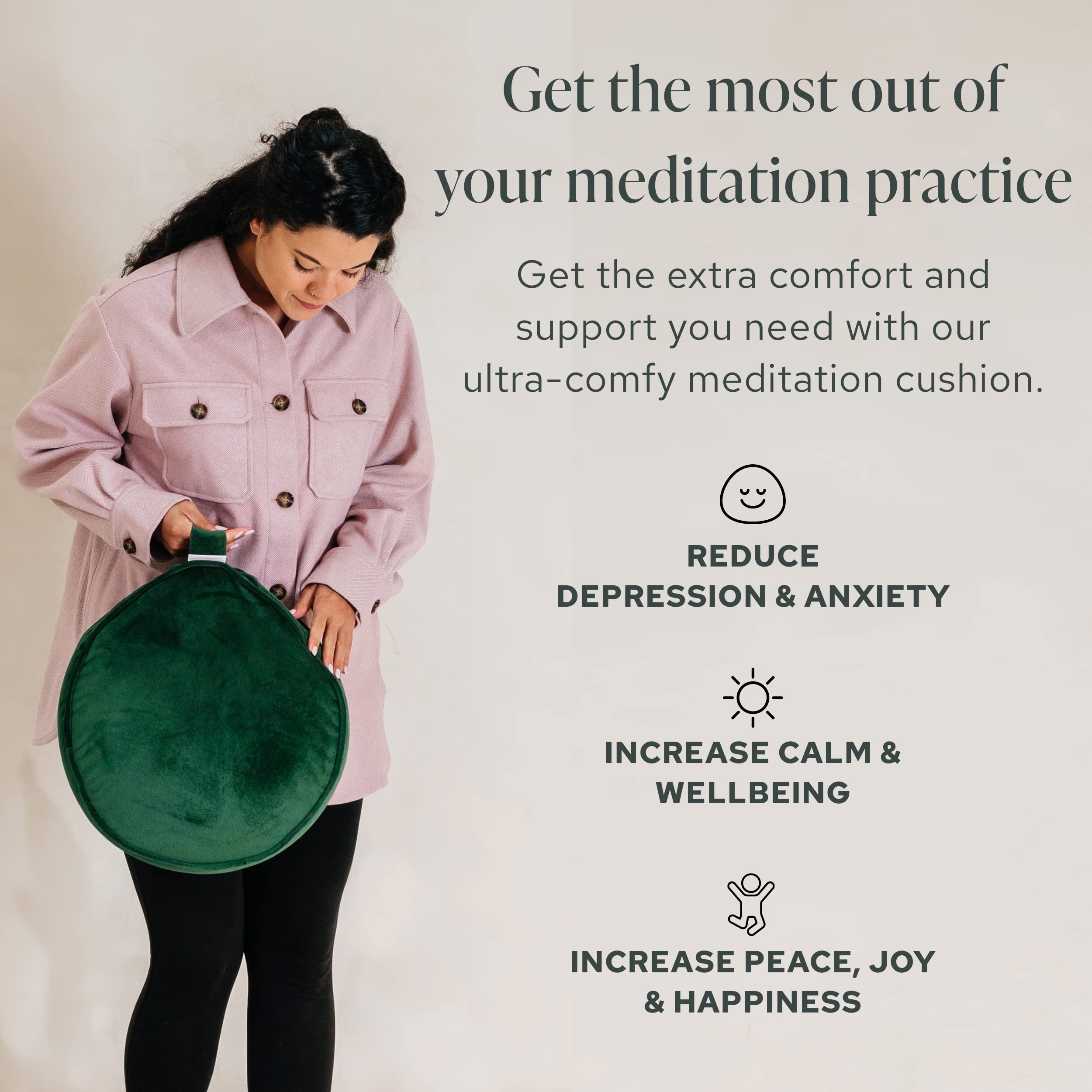 Mindful & Modern Velvet Meditation Cushion | Luxe Zafu Yoga Floor Pillow Seat | Posture Support | Buckwheat Hull Filled | Large Round Cushion with Removable Washable Cover + Carry Handle | Color Green - Image 7
