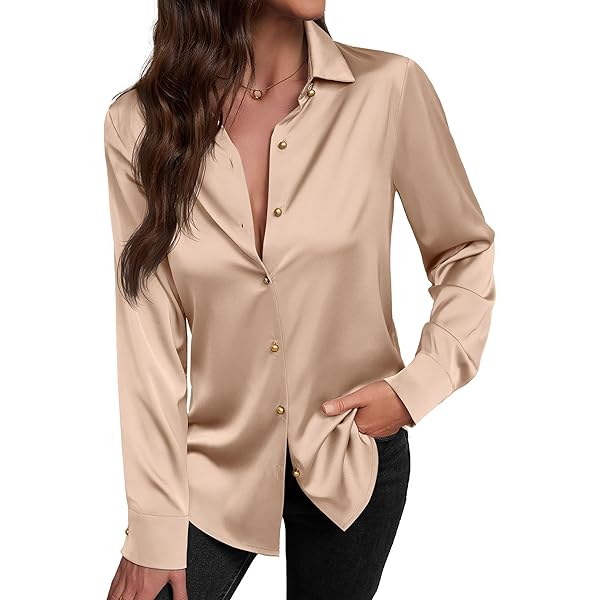 CJQJPNZ Suit Collar Flowy Womens Brown Satin Shirt Long
