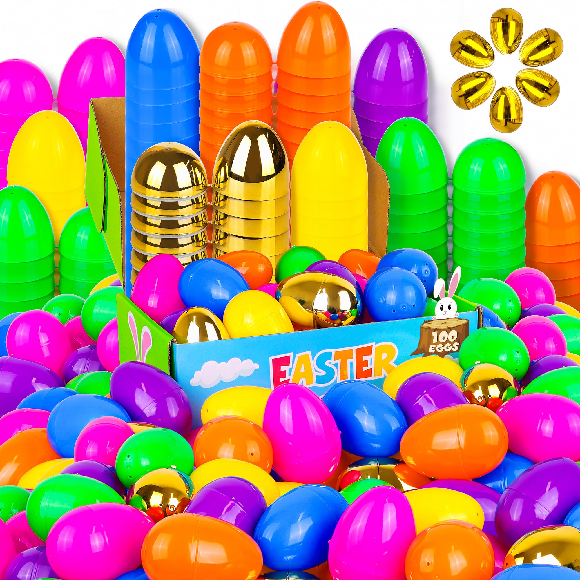 Photo 1 of 100 Pack Easter Eggs Bulk Include 6 Surprise Golden Eggs, 2.4 Inch Colorful Fillable Plastic Easter Egg Empty for Easter Hunt Party Favors, Easter Basket Stuffers Fillers, Classroom Prize Supplies