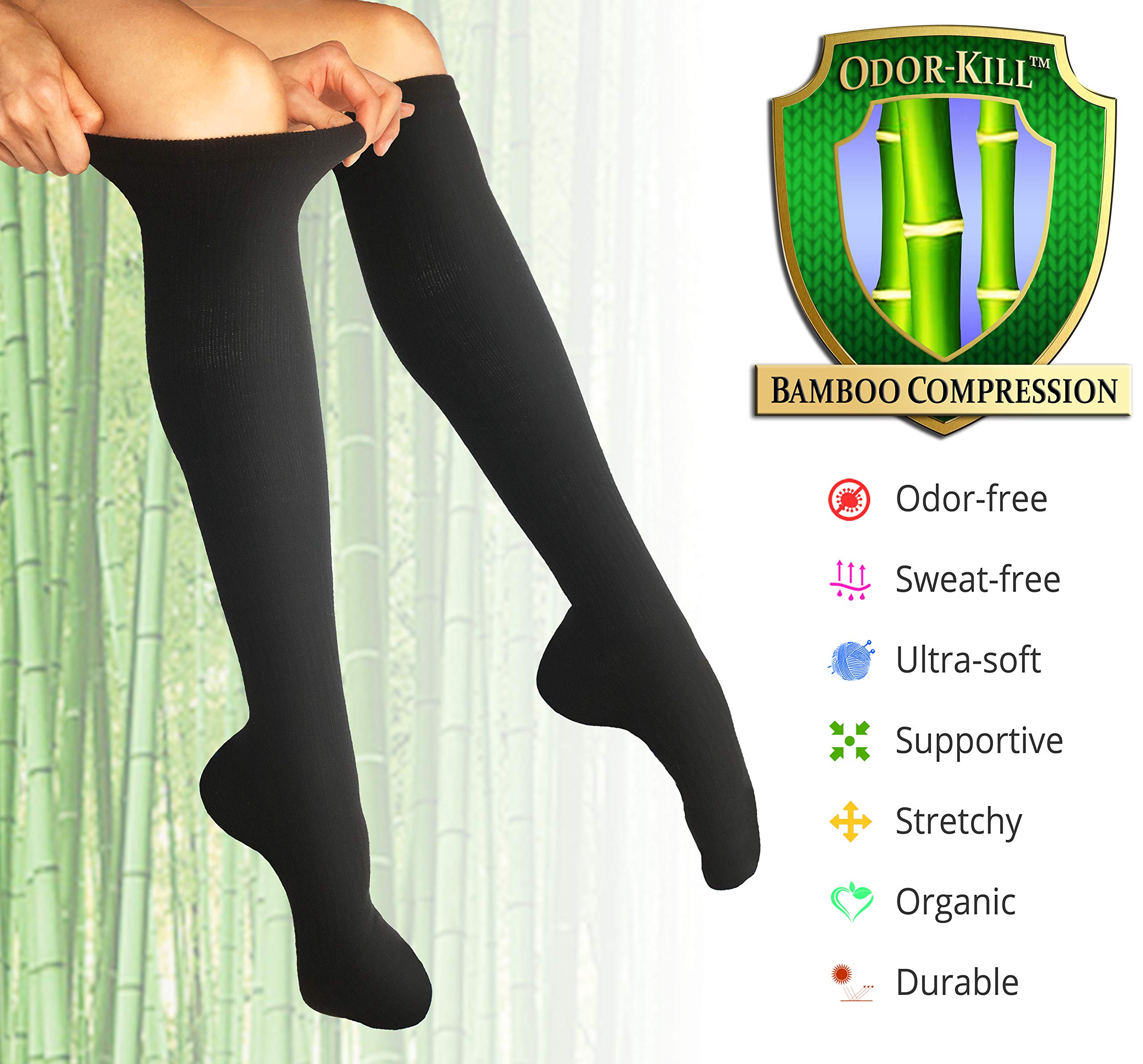 Bams Odor-Kill Bamboo Black Compression Socks for Men, Women- Antibacterial 15-20 mmHg Medical Graduated Knee-High Sock for Recovery Pain Swelling Injury Sports, Diabetic, Nurse, Maternity, Flight