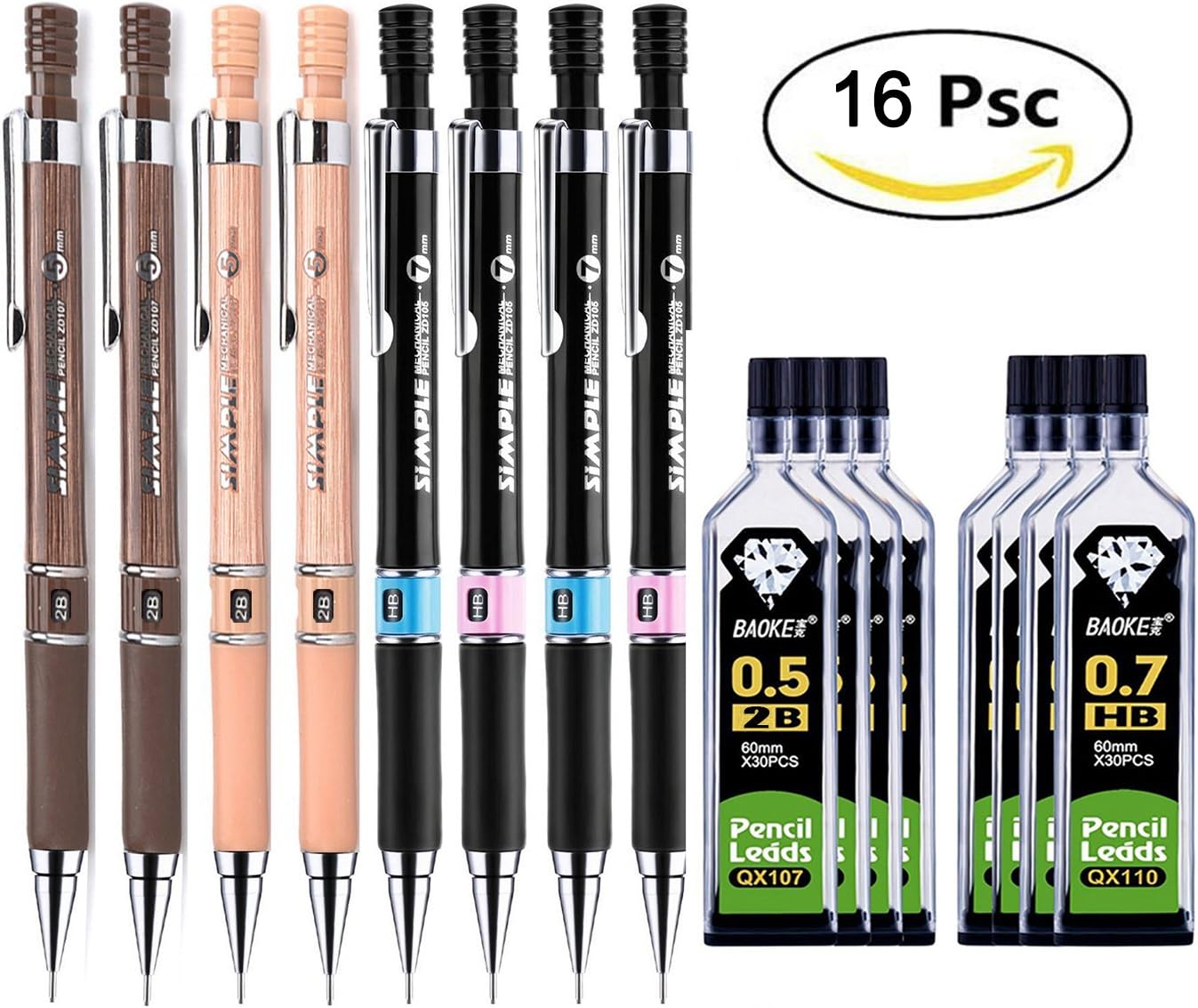 Mechanical Pencil Set, 16 Pieces 0.5 mm and 0.7 mm Mechanical Pencils with HB/2B Lead Refills for Writing, Drawing, Signature