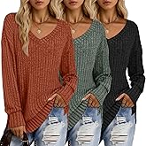 Velvelhall 3 Pack Women's Ribbed Sweaters Shirts Long Sleeve Side Split V Neck Lightweight Sweaters Tops Loose Fit Pullover