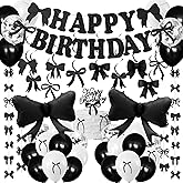 Lasocy Black Bow Birthday Decorations Girls Bow Happy Birthday Banner Black White Balloon Coquette Decorations Hanging Swirls Garland Ribbon Party Decor Supplies for Girls Women