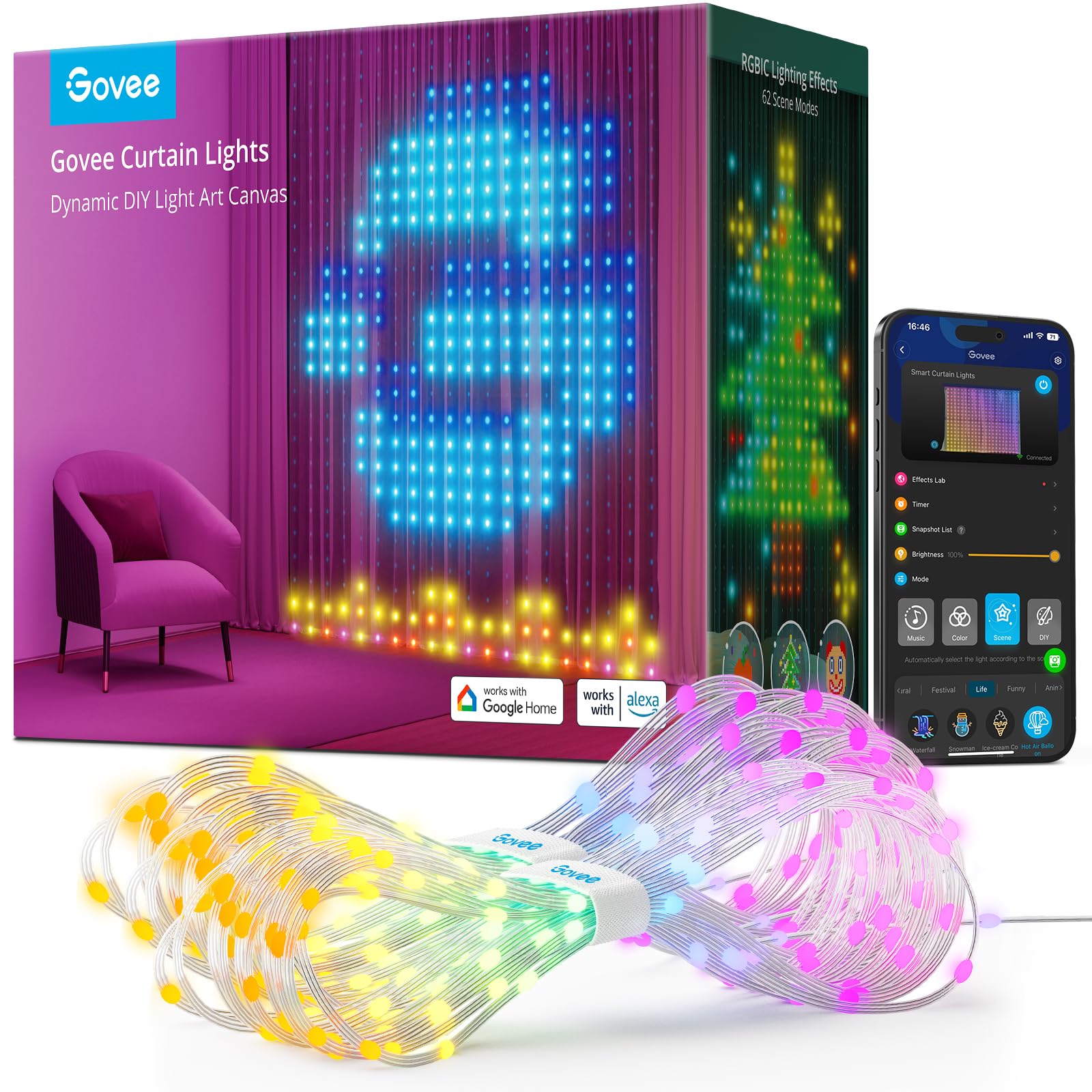 Govee Curtain Lights, 520 RGBIC Smart LED Lighting Outdoor, Dynamic DIY, IP65 Waterproof, Colour Changing Curtain Lights for Backdrop Bedroom, Christmas Decorations (1.5×2m)