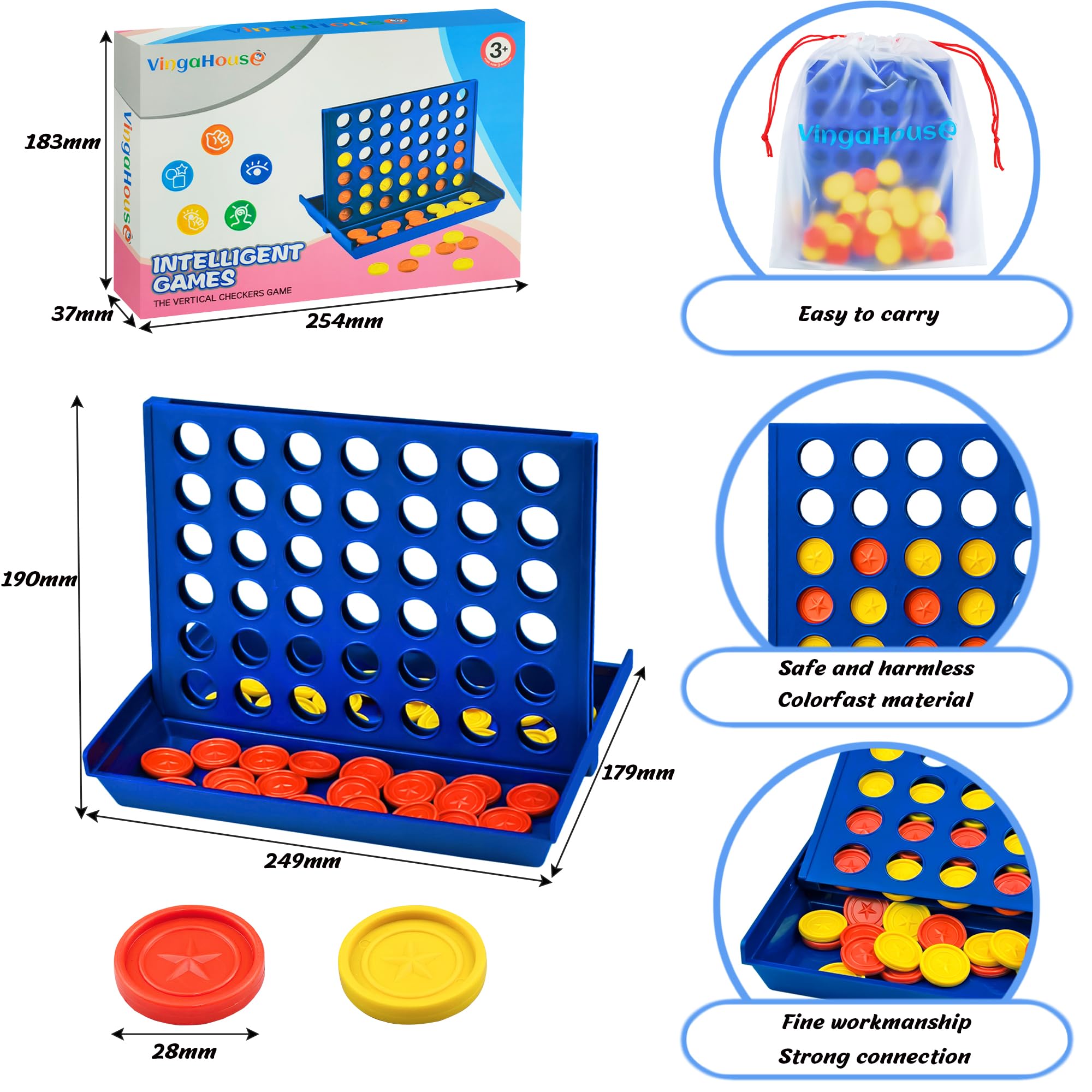 VingaHouse 4 in einer Reihe Spiel, Strategiespiel für 2 Spieler, Familienspiel ab 3+ Jahren, Pädagogisches Lernspielzeug, Brettspiel für Kinder & Erwachsene, Geschenk für Zuhause & Reisen [Stern Groß] 3