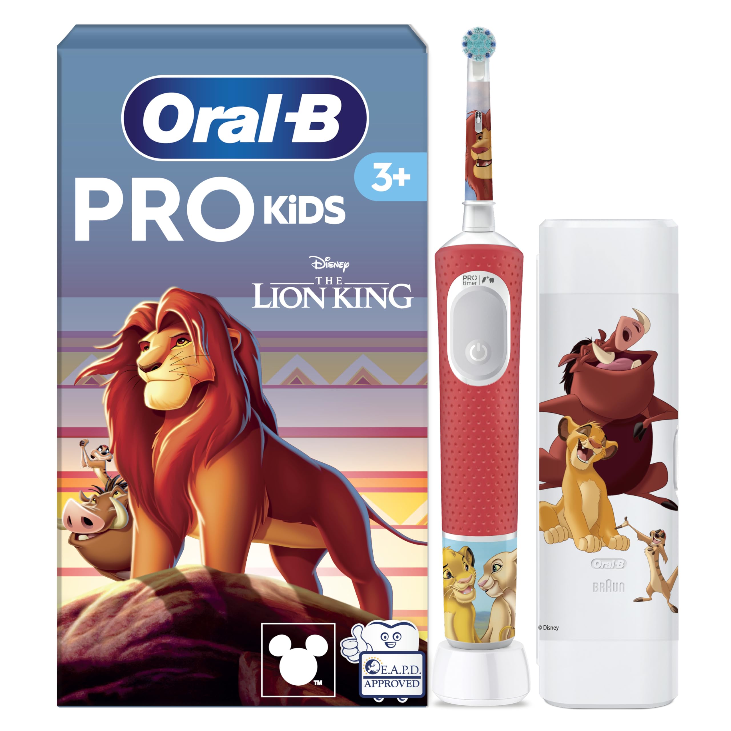 Oral-B Pro Kids König der Löwen Elektrische Zahnbürste für Kinder — Electric Toothbrush ab 3 Jahren inkl. 1 Aufsteckbürste, Reise-Etui und 2 Putzmodi für Zahnpflege, Weiß/Rot