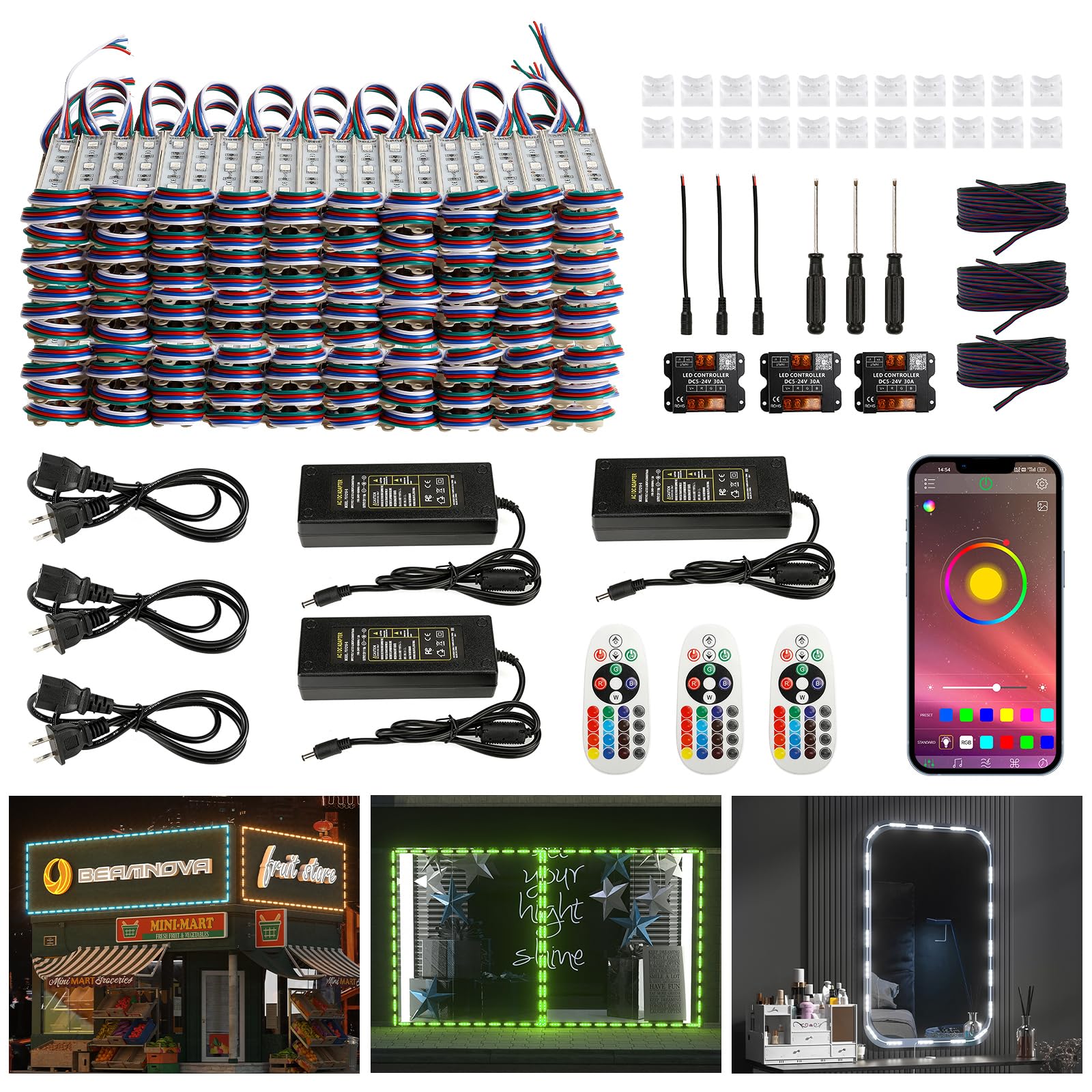 Photo 1 of BEAMNOVA 120Ft RGB LED Storefront Lights Kit for Business, Bluetooth App Control, Remotes, AC 120V to DC 12V Voltage Transformers, Adhesive Waterproof Outdoor Strip Light Modules with Connectors