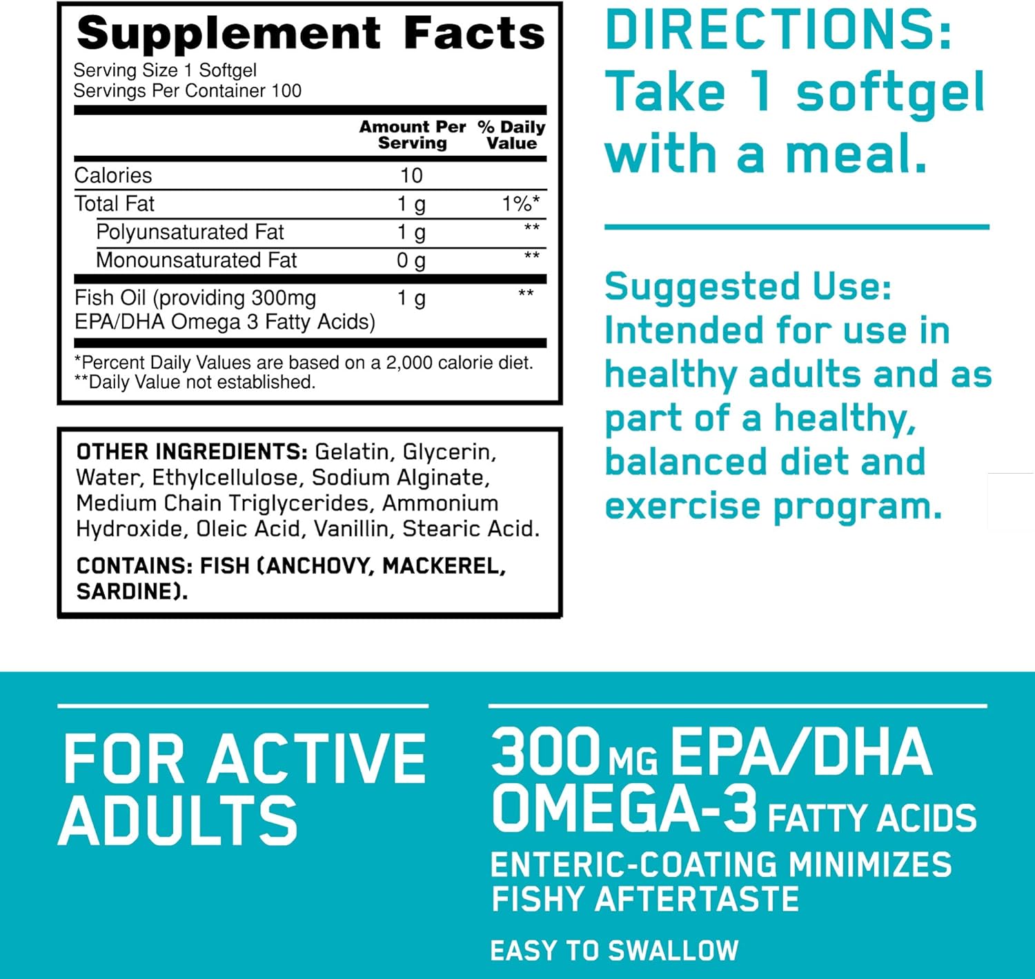 Optimum Nutrition Omega 3 Fish Oil, 300MG, Brain Support Supplement, 100 Softgels (Packaging May Vary): Health & Personal Care