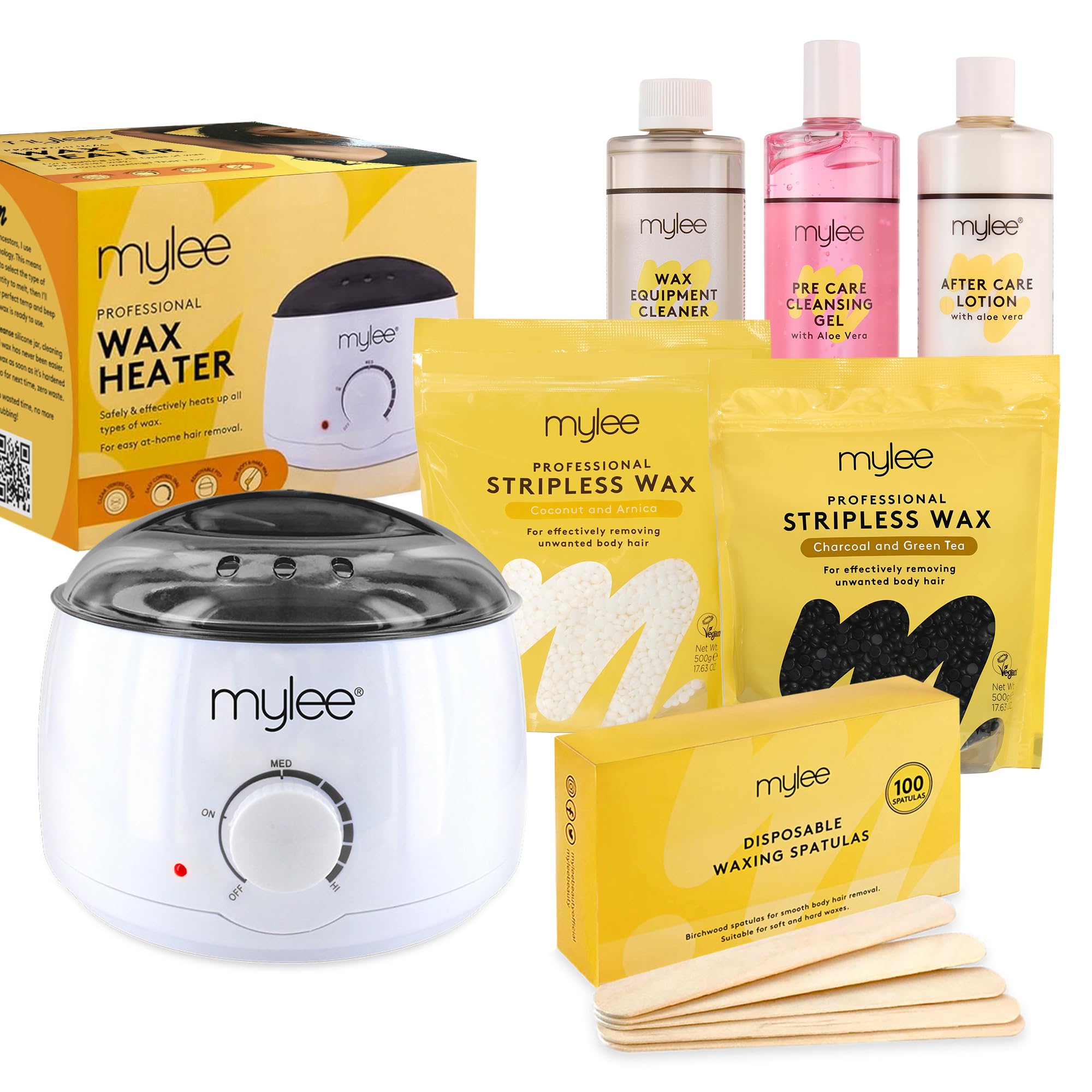 Mylee Professional Complete Waxing Kit with Wax Heater, Hard Wax Beads 2x500g, Applicator Spatulas, Pre & After Care Gel, Equipment Cleaner (Both Wax Pouches)