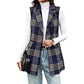 ELLEVEN Women's Long Plaid Vest Sleeveless Double Breasted Blazer Jackets Fall Trendy Coats with Pockets