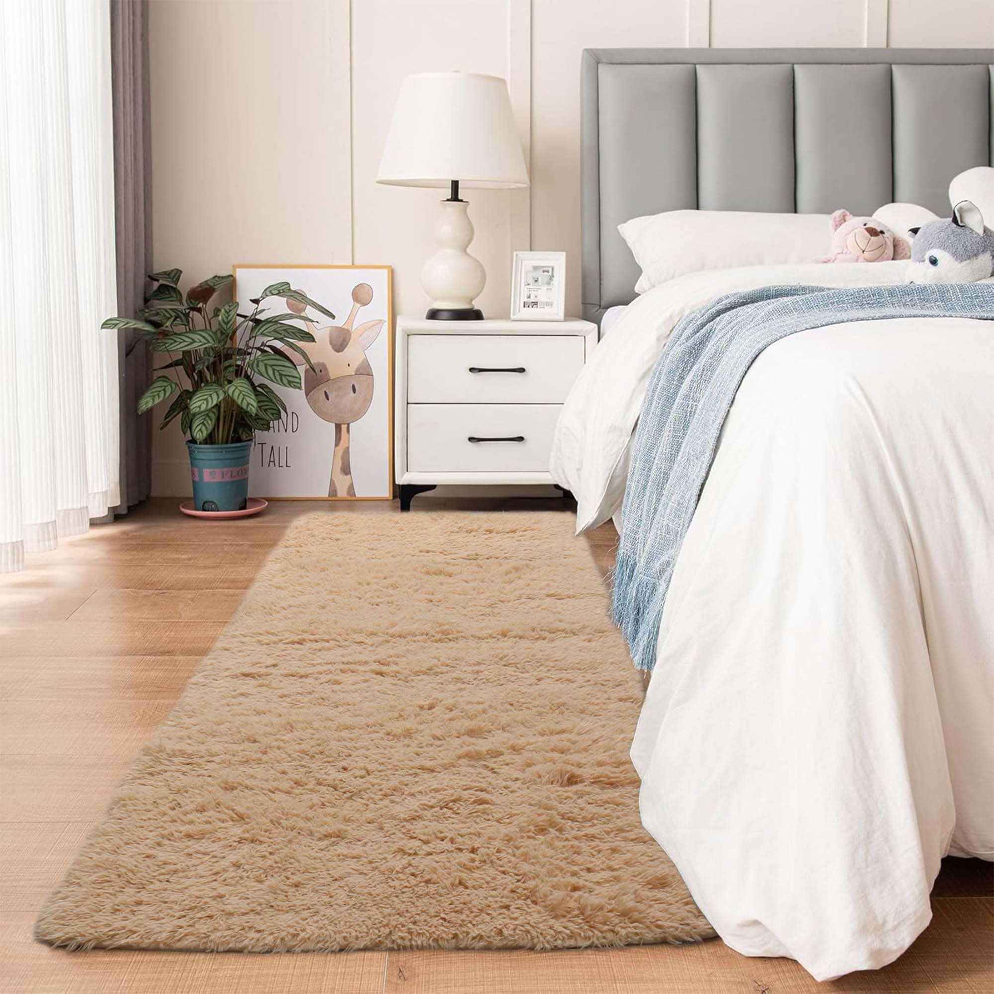 Aspire Homeware Fluffy Bedroom Rug – Beige Area Rugs 80x300 cm for Living Room Large Runner Plush Carpet Modern Soft Shaggy Pile Faux Fur Rug for Home