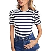 LilyCoco Striped Shirt Women Casual Summer Short Puff Sleeve Crew Neck Fitted Top