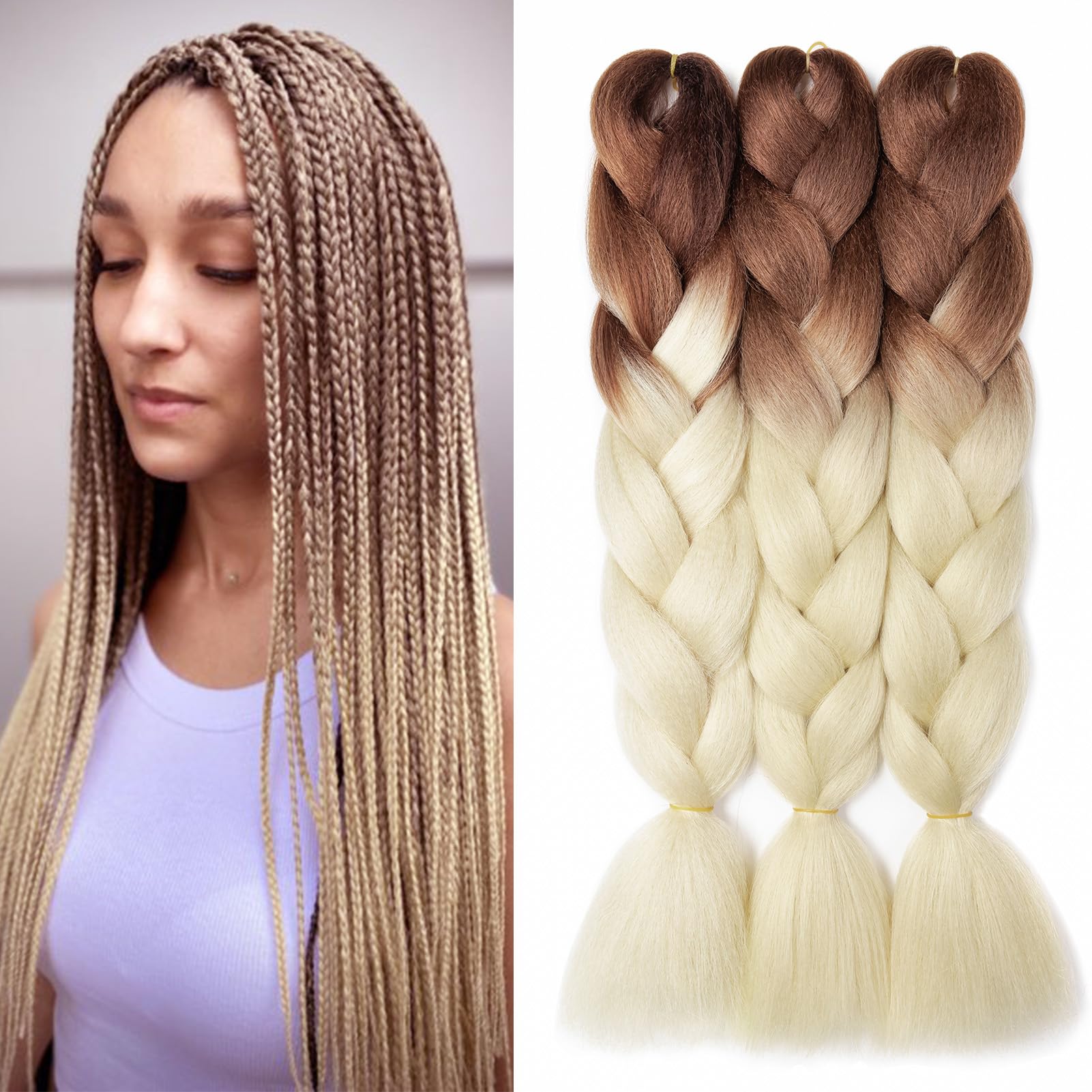 Dcbaboo Jumbo Braiding Hair Extensions 3packs 24inch Synthetic Hair Kanekalon Ombre Braids Afro Crochet Braids Twist Hair 300g, Brown-Bleach Blonde — image 1