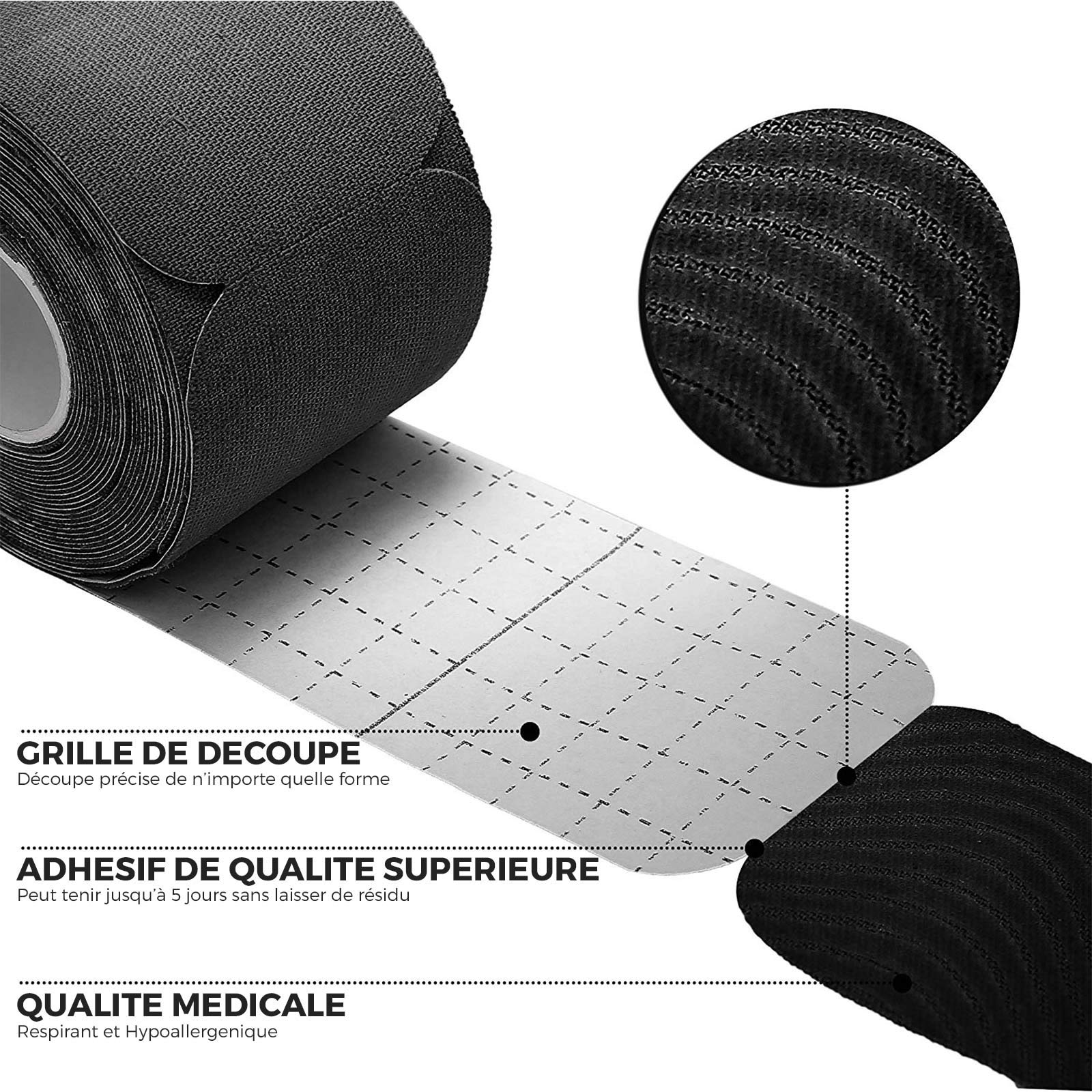 Bande de Kinesiologie Prédécoupée, Kinesio Tape pour Soutien Musculaire et Articulaire, Bande Médicale Strapping Professionnelle 2 Rouleaux de 5cm x 5mètres, Noir