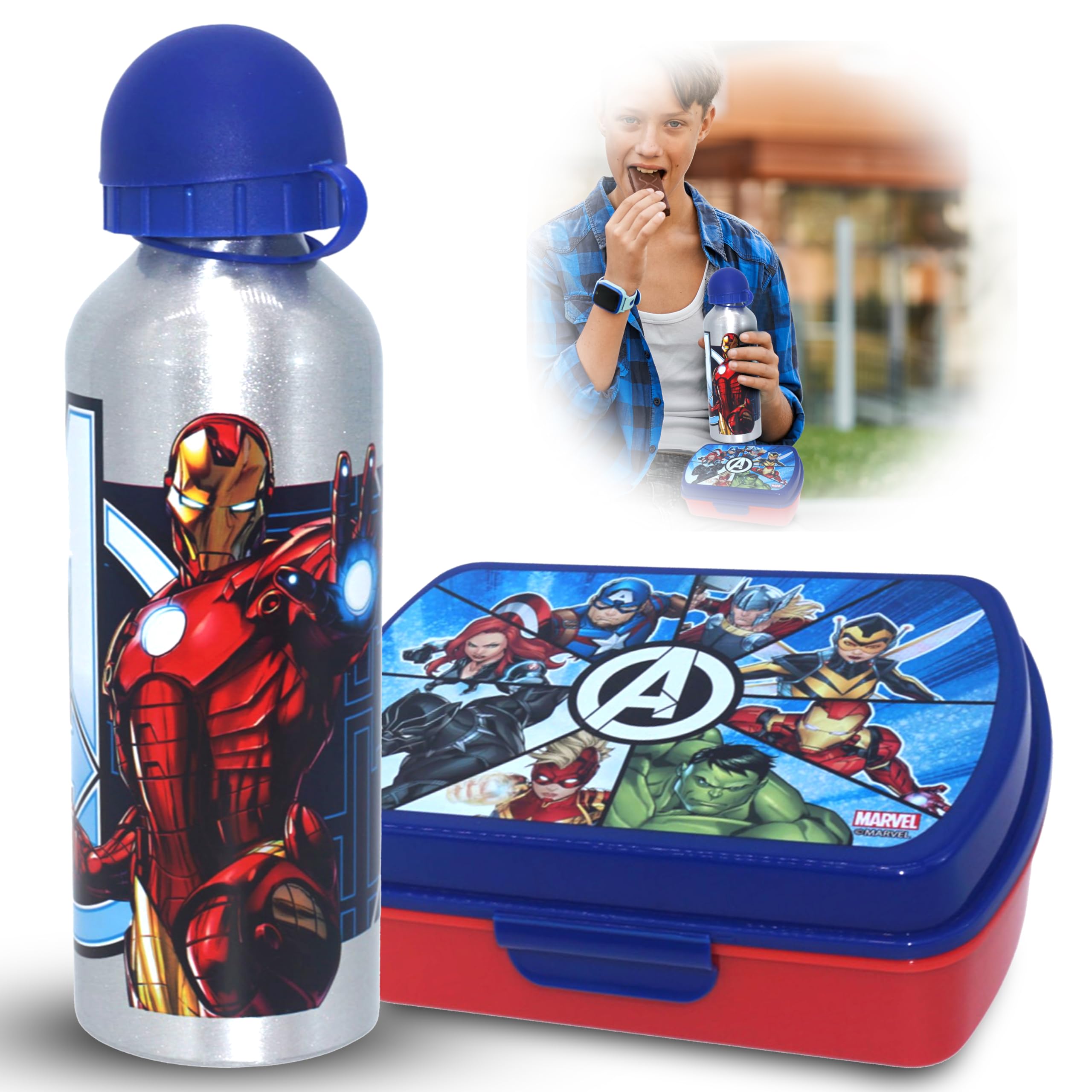 Marvel Avengers Lunch Box with Aluminium Water Bottle Set Cutlery Leak-Proof Lunchbox Snack Boxes for Summer Kids Adult,Kids Lunch Box with Compartments for School Travel Kindergarten Office