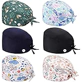 Geyoga 6 Pcs Bouffant Scrub Caps Working Surgical Cap Nurse Hats with Buttons and Sweatband Adjustable Tie Back Hat Women Men
