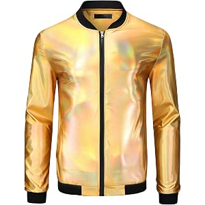 Metallic Varsity Golden Holographic Jacket for Men's Zip Up Long Sleeves Shiny Golden Bomber Jacket Large