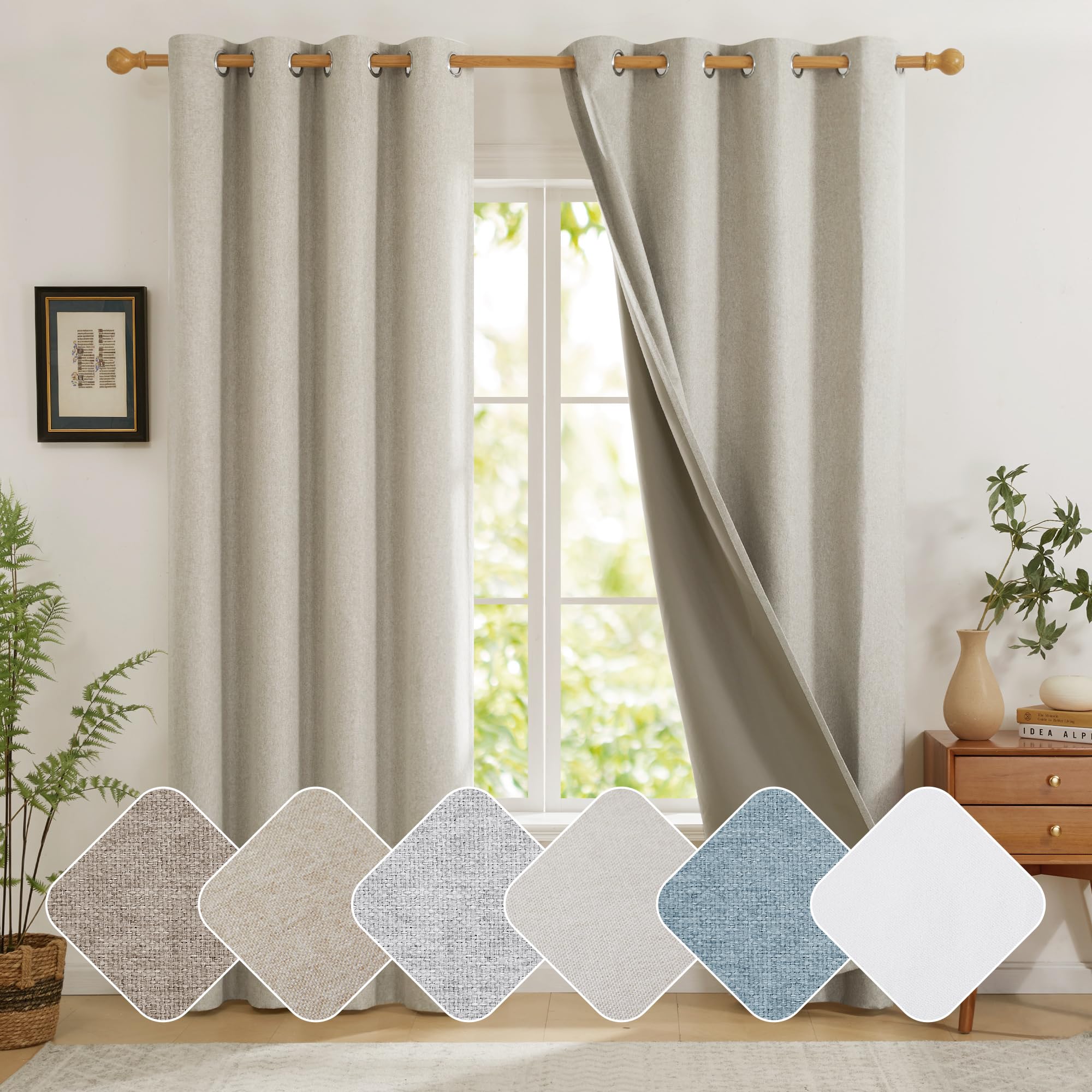 Deconovo 100% Blackout Curtains with Microfiber Back Layer, Faux Linen Eyelet Thermal Noise Reducing Soundproof Curtains for Kids Bedroom, 46 x 54 Inch, Linen, 2 Panels