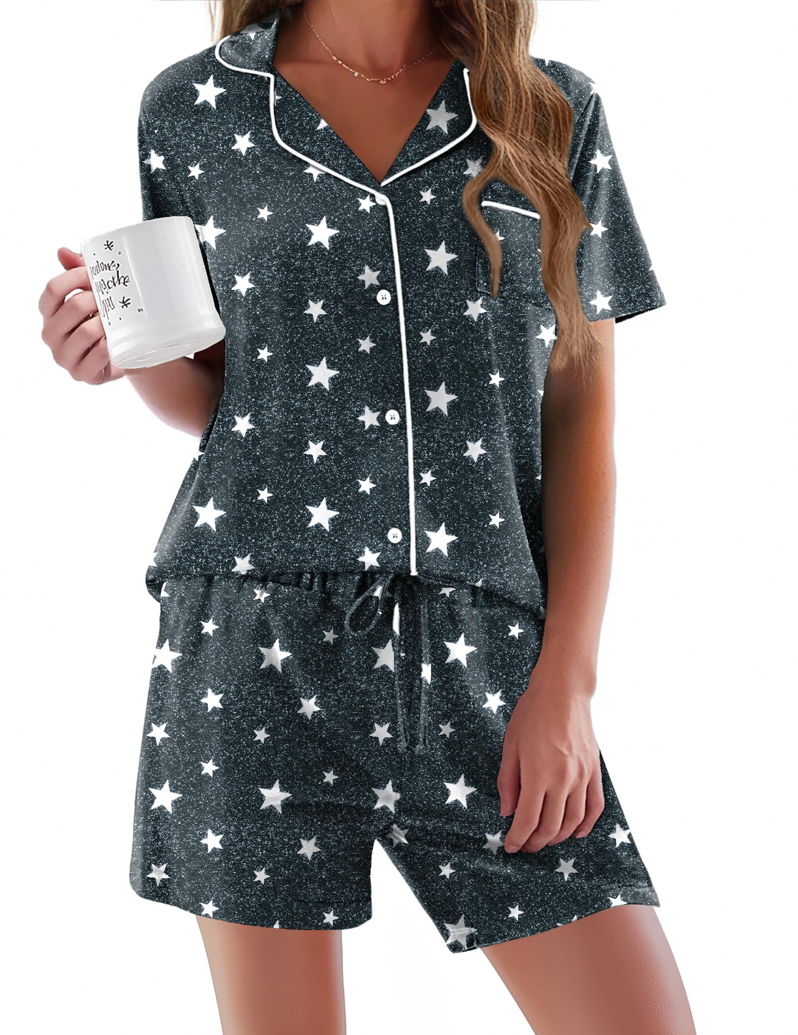 Ekouaer Pajama for Women Set Short Sleeve Sleepwear Button Down Pjs Soft 2 Piece Loungewear Gray Star Print X-Small Image