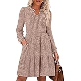 ANRABESS Long Sleeve Dress for Women Fall Fashion Outfits 2025 Casual V Neck Rib Knit Babydoll Sweater Dresses with Pockets