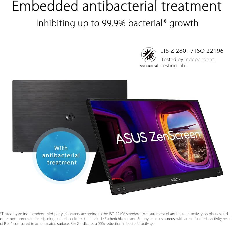 ZenScreen MB16ACV - Monitor portátil USB, 15,6", Full HD (IPS, Conectividad híbrida, USB de Tipo C, Antiparpadeo, Luz Azul de Baja Intensidad, Tratamiento Antibacteriano), 250cd/m², Negro