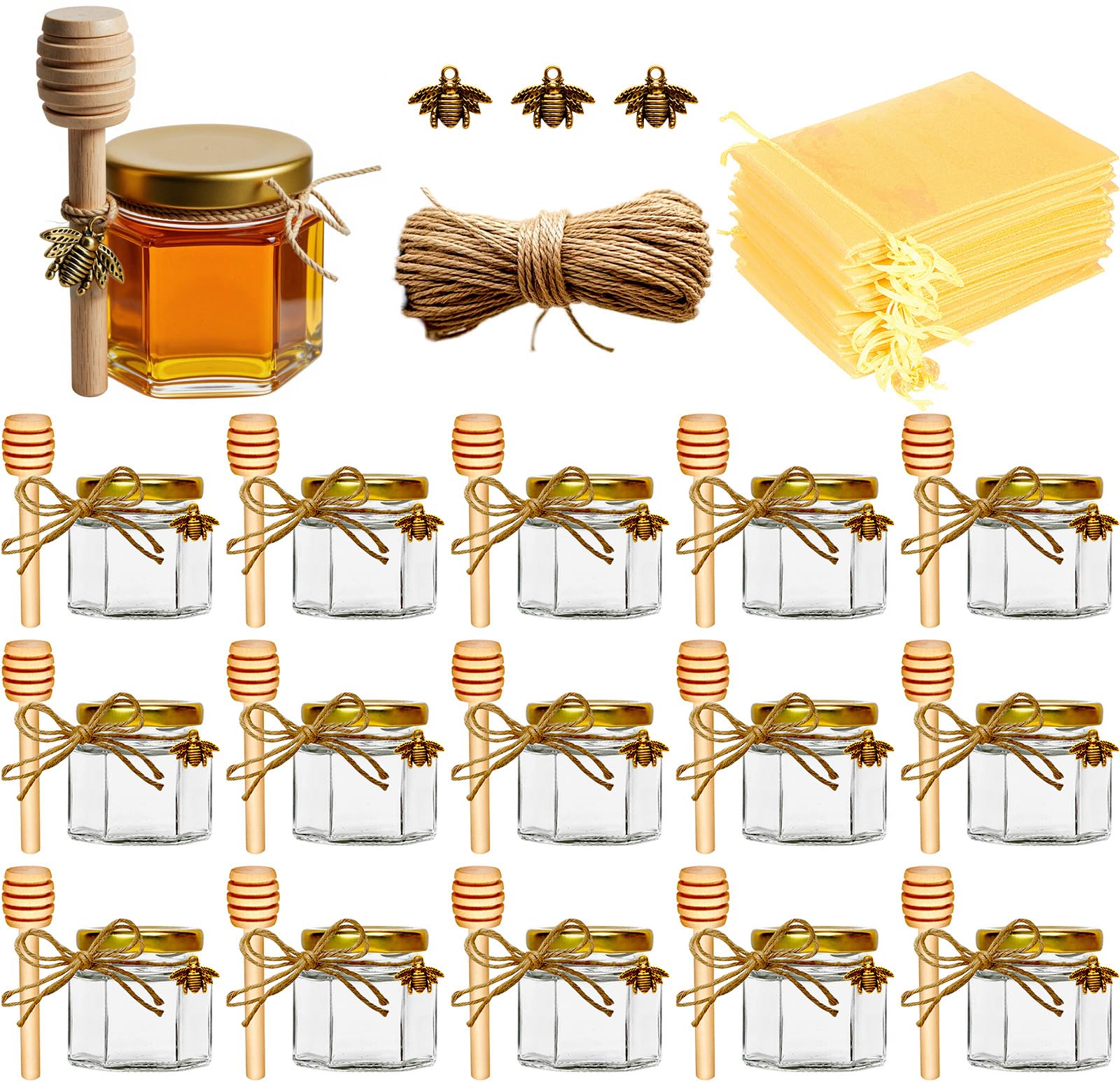 Photo 1 of Adabocute Honey Pot 2oz, Mini Glass Honey Jars with Wood Dipper, Gold Lid, Bee Pendants, Beige Gift Bags, Thank-you Tags, Ideal for Baby Showers Favors Wedding Favors, 15 Pack