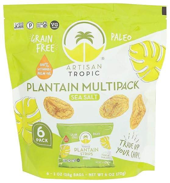 ARTISAN TROPIC PLANTAIN STRIPS SEA SALT – 6 PACK, 1OZ – VEGAN, PALEO, GLUTEN FREE CHIPS – INDIVIDUAL BAGS HEALTHY SNACKS FOR SCHOOL, GYM, KIDS – WHOLE 30 APPROVED FOODS BAKED BANANA CHIPS