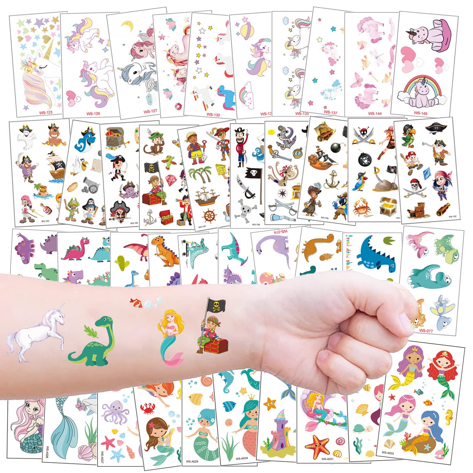 40 Sheets Temporary Tattoo for kids, Unicorn & Dinosaur & Pirate & Mermaid Tattoo for Boys and Girls as Birthday Party Favors Bags Filler