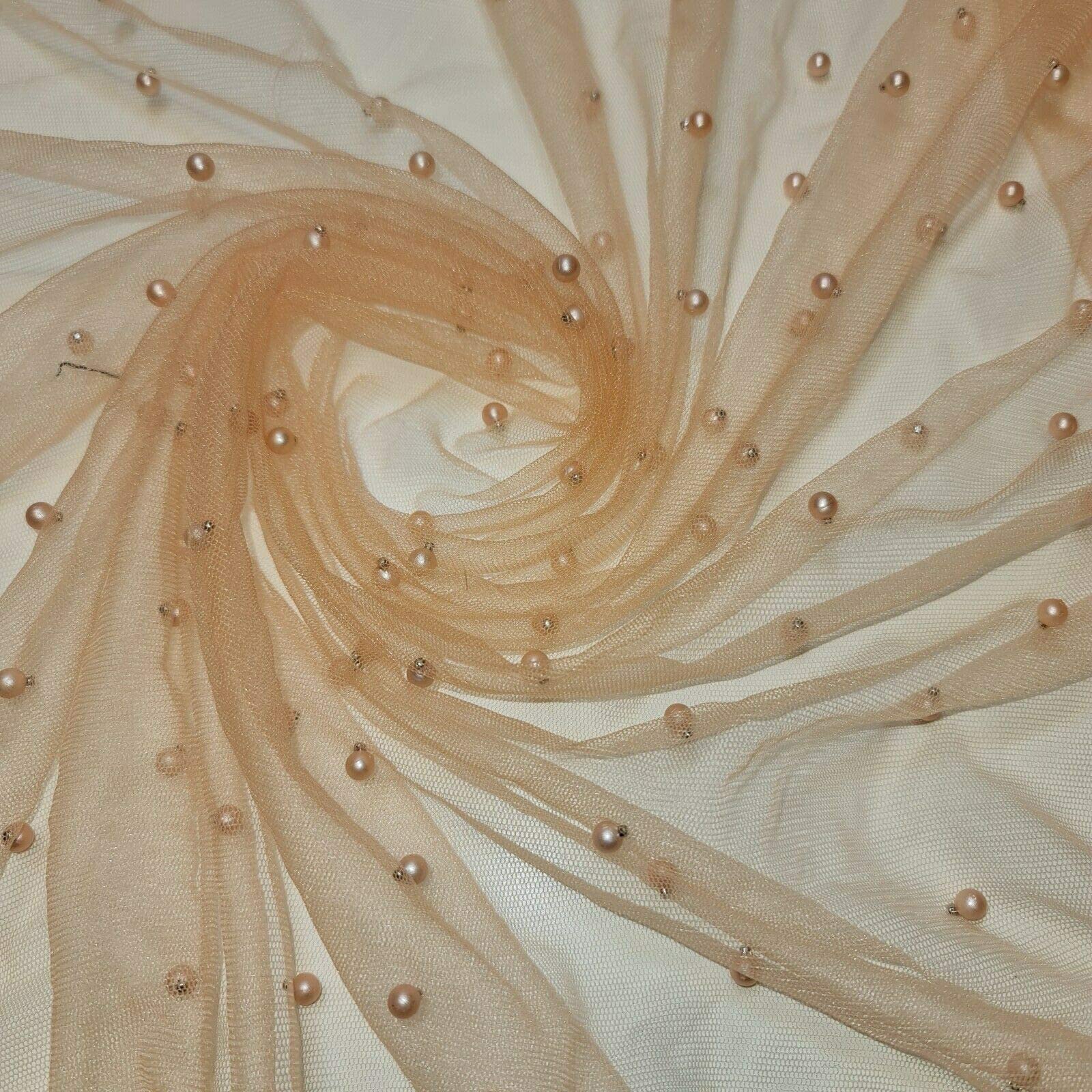 Textile Station 58" Wide Tulle Beaded Pearl Lace Net Fabric Bridal Veil Wedding Backdrop Décor Available in 25 Colours (Peach, 1 Meter)
