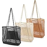 VZZNN 3Pcs Waterproof Mesh Beach Bags for Women - Foldable 23L Shopping Bags with Inner Pocket - Perfect Travel Essentials for Beach, Picnic, and Vacation (Black, Khaki, Beige)