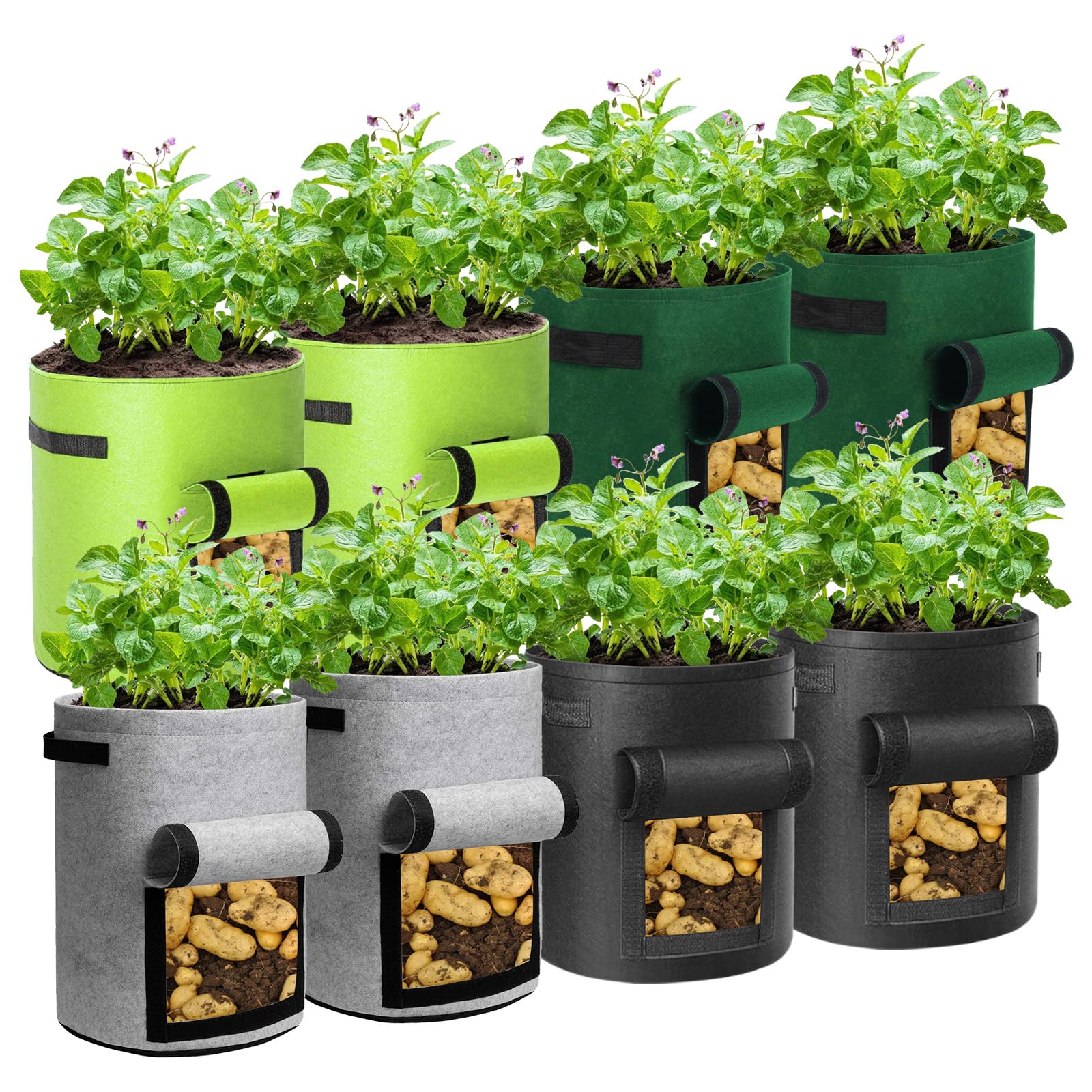 LITLANDSTAR Potato Grow Bags, 8 Pack 10 Gallon Heavy Duty Garden Grow Bags Thickened Nonwoven Fabric Pots with Window and Handles, Garden Planting Bag for Outdoor and Indoor Planting, Multicolor