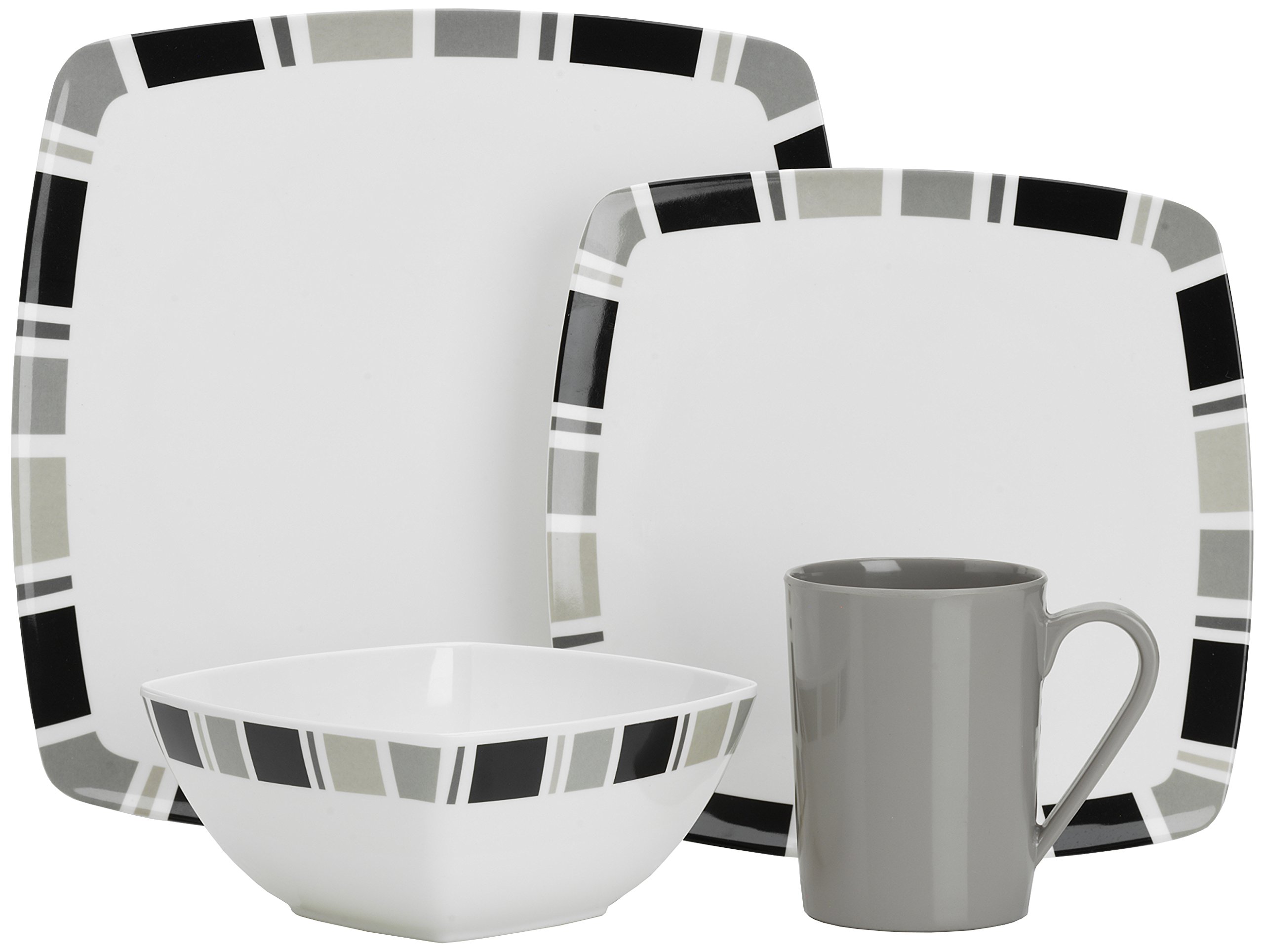 Flamefield Carre Premium Melamine Set (Pack of 16) - White/Grey