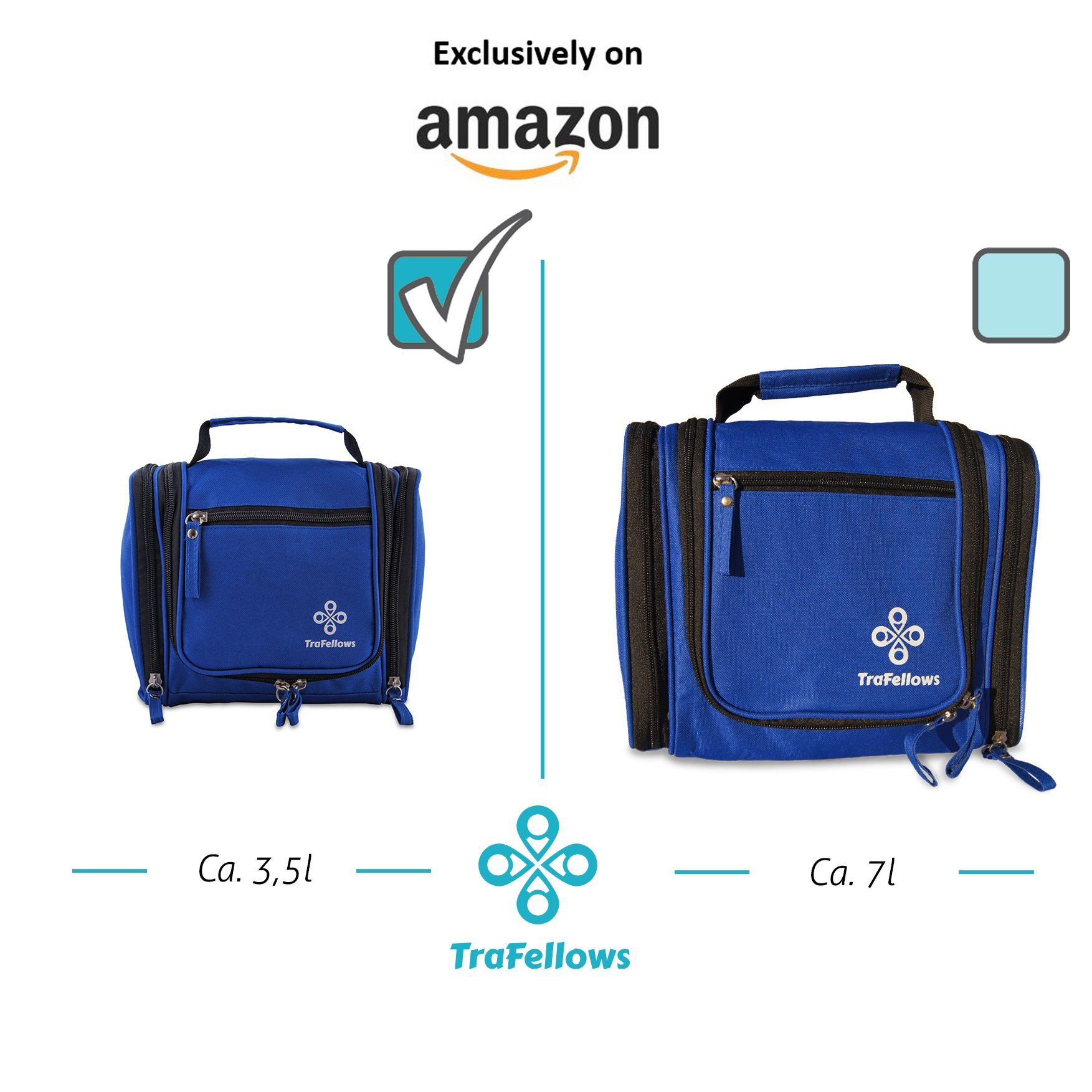 Petite trousse de toilette premium, ultra spacieuse | Kit de voyage compact avec crochet, pour hommes/femmes | Sac de toilette résistant à l'eau (bleu)