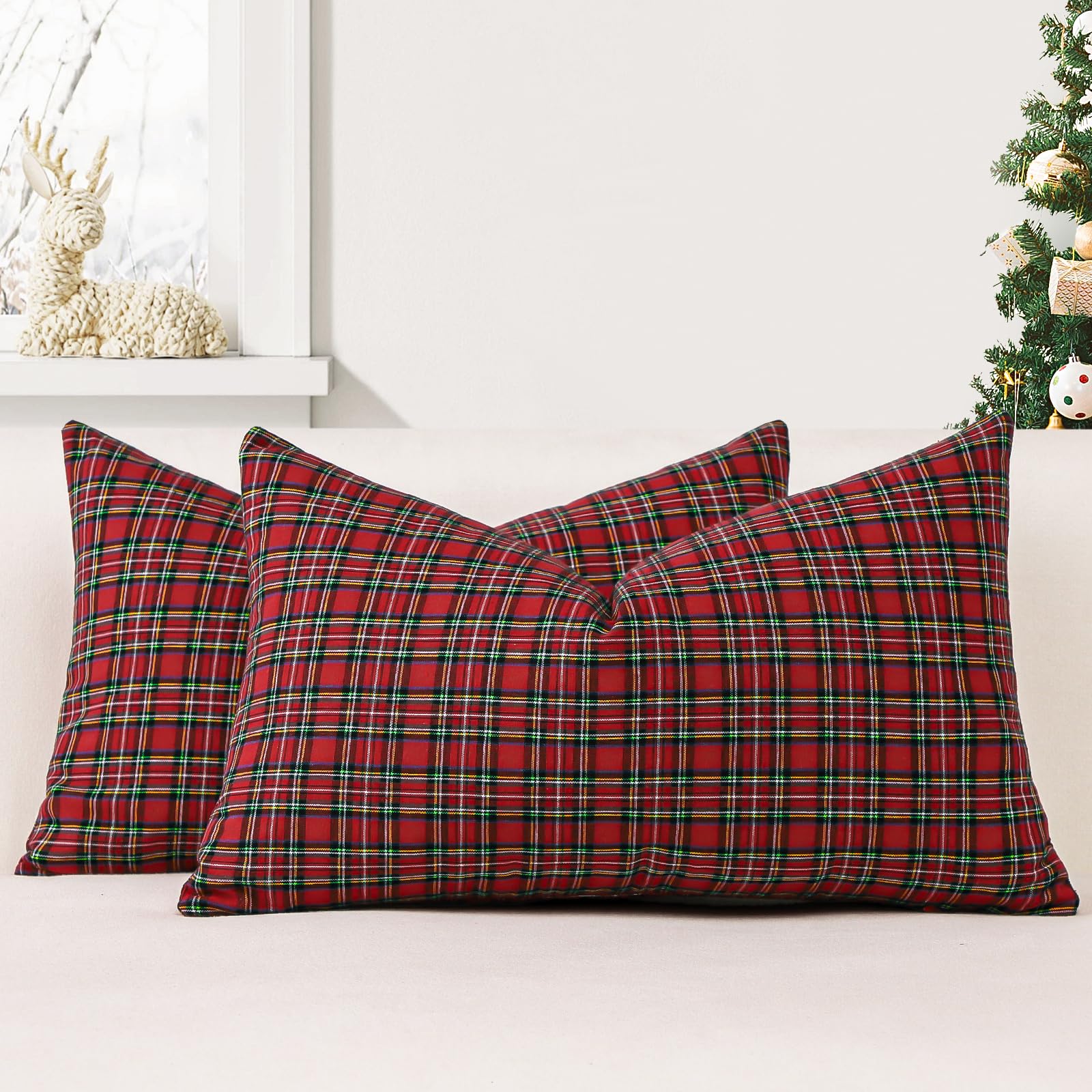 JOTOM Set of 2 Classic Plaids Cushion Covers 30x50 cm Christmas Scottish Tartan Plaid Soft Solid Decorative Throw Pillow Covers Home Decor Outdoor Cushion Case for Sofa Bedroom (Red)