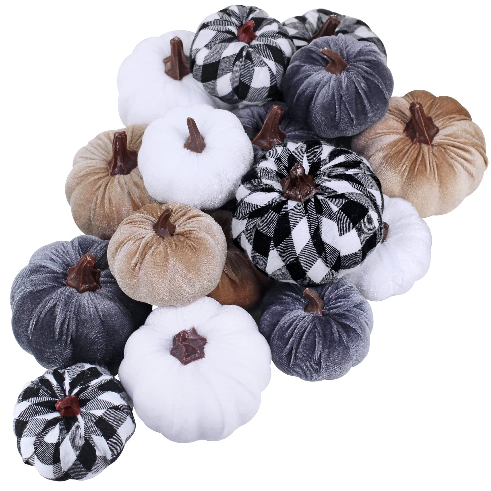 Photo 1 of 16 Pcs Assorted Faux Small Decorative Fabric Pumpkins Foam Grey Taupe White Velvet Black & White Buffalo Check Pumpkins for Farmhouse Fall Halloween Thanksgiving Mantel Table Decor