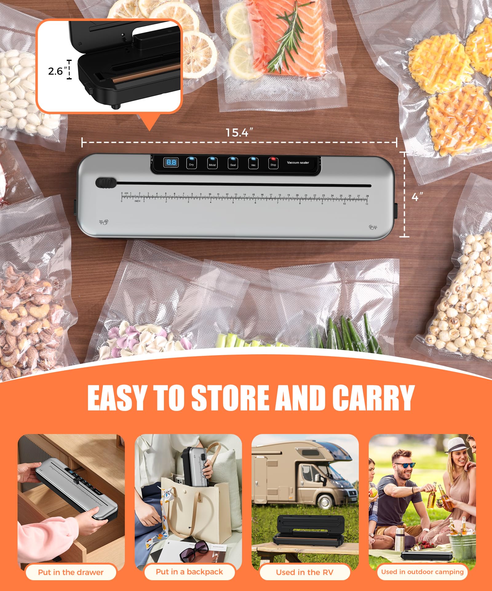 75kPa Compact Vacuum Sealer Machine For Food, 6-in-1 Sous Vide Vacuum Sealing Machine with Starter Kits, External Sliding Blade, Digital Countdown Timer, Silver