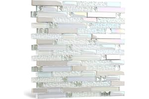 Blujellyfish Glass Metal Tile Iridescent White Glass Silver Mirror Stainless Steel Blends Interlocking Strip Wall Tiles TSTNB01 (Pack of 5 Sheets)