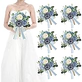 HOMENERGY Set of 6 Bridesmaid Bouquets for Wedding - Artificial Bouquets for Bridesmaids Flowers Silk Floral Ceremony Anniversary Centerpieces Decorations - Dusty Blue and White，7 Inch