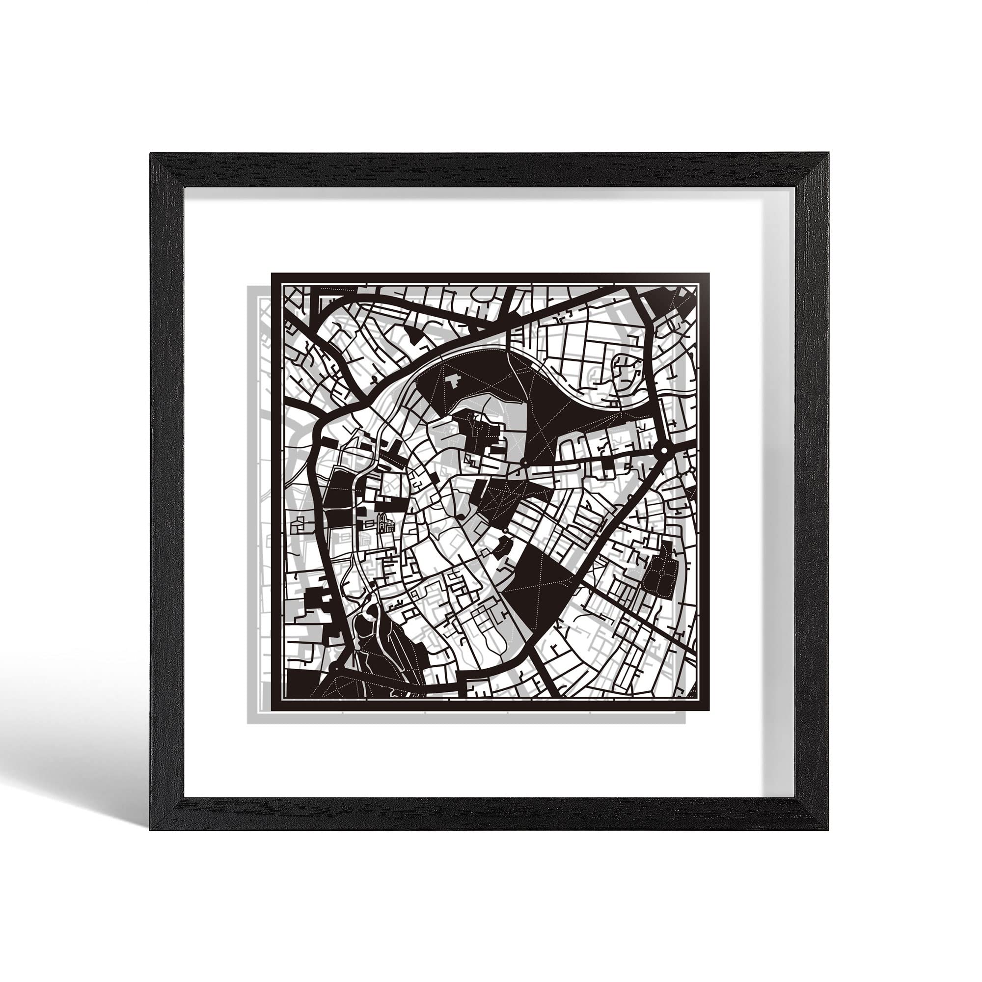 O3 DESIGN STUDIO Cambridge PPaper Cut Map framed, Black map, Black frame, 9x9 inches, Gift Boxed, 2 background color, self-changing, Paper Art