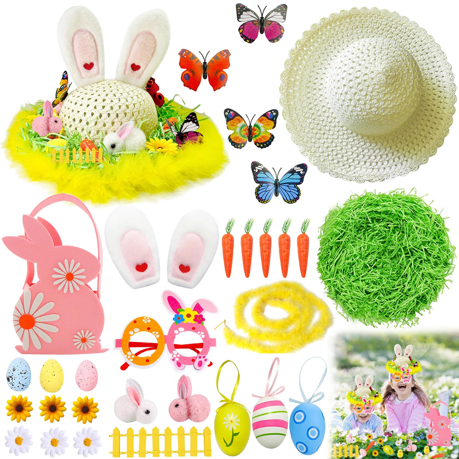 Easter Bonnet Kit, Easter Decorations, 31 PCS DIY Craft Kit with Bonnet Hat,Bunny,Bunny Ear,Carrots,Basket,Glasses,Eggs,Grass,Flower,Fence,Butterfly, Easter Crafts For Easter Bonnet Competition School