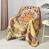 Shesyuki Boho Throw Blanket Reversible Cotton Bohemian Tapestry Hippie Room Decor Outdoor Blanket Double Sided (National Sun Pattern Yellow 50