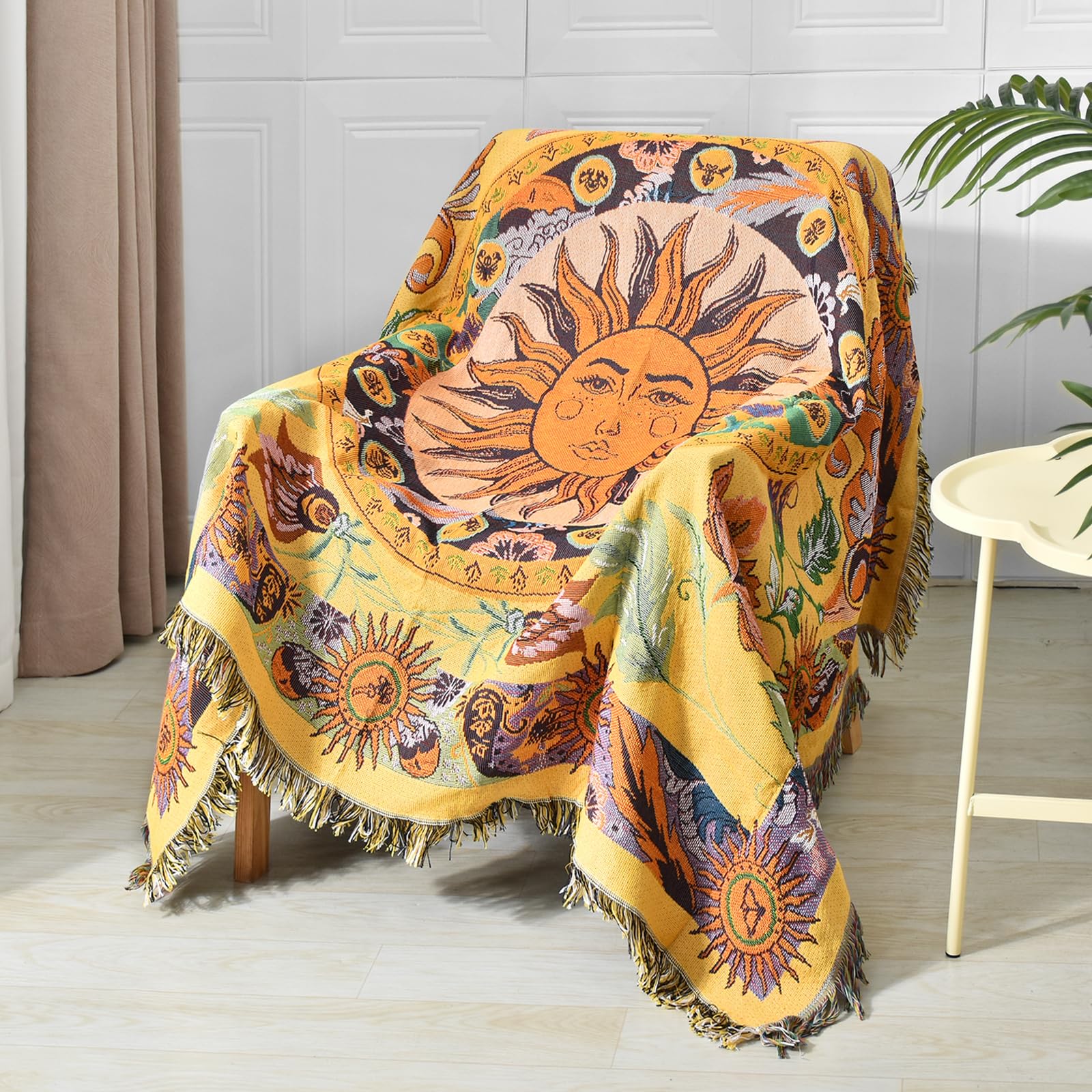 Shesyuki Boho Throw Blanket Reversible Cotton Bohemian Tapestry Hippie Room Decor Carpet Chair Couch Sofa Cover Outdoor Blanket Double Sided (National Sun Pattern Yellow 50"x60") — image 1