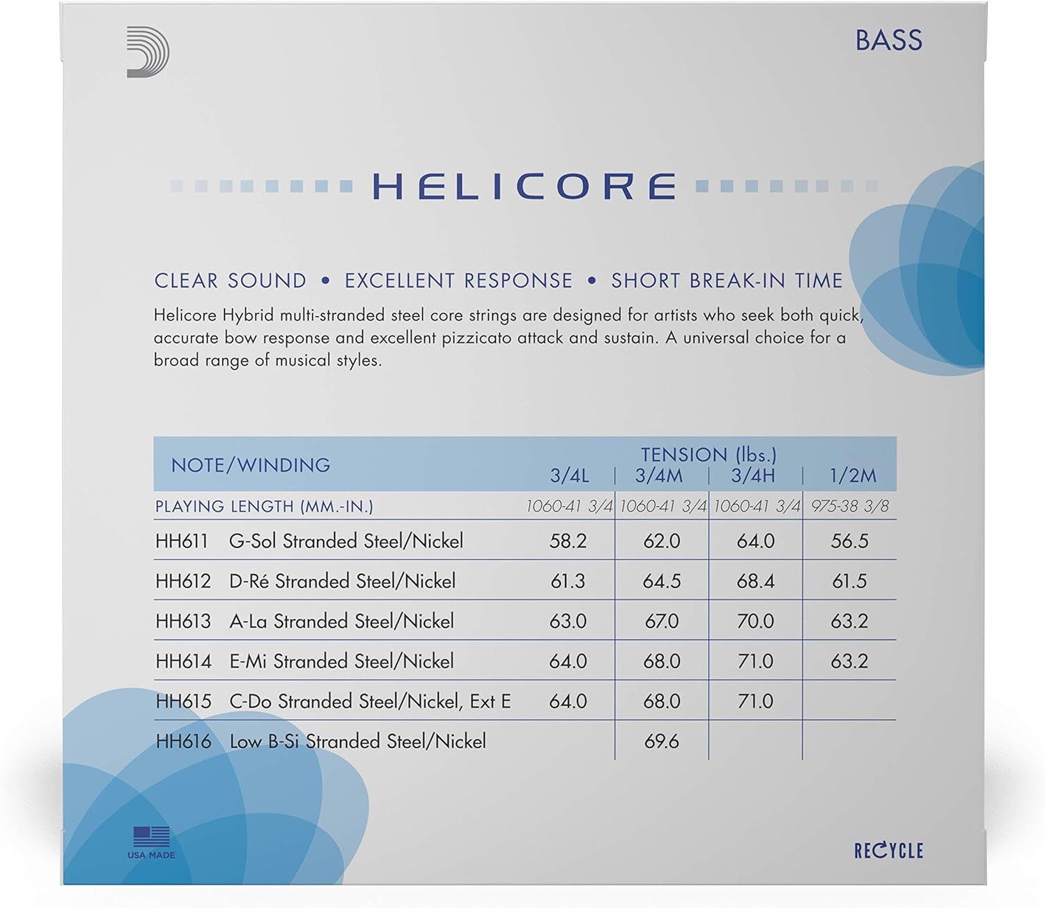 D'Addario Helicore 3/4 Scale Light Tension Hybrid Bass String Set, Grey, Full Set - Image 4